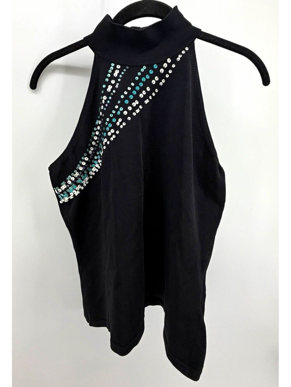 Cache Women’s Black Knit Mock Neck Sleeveless Tank Top Sequin Accents Size L